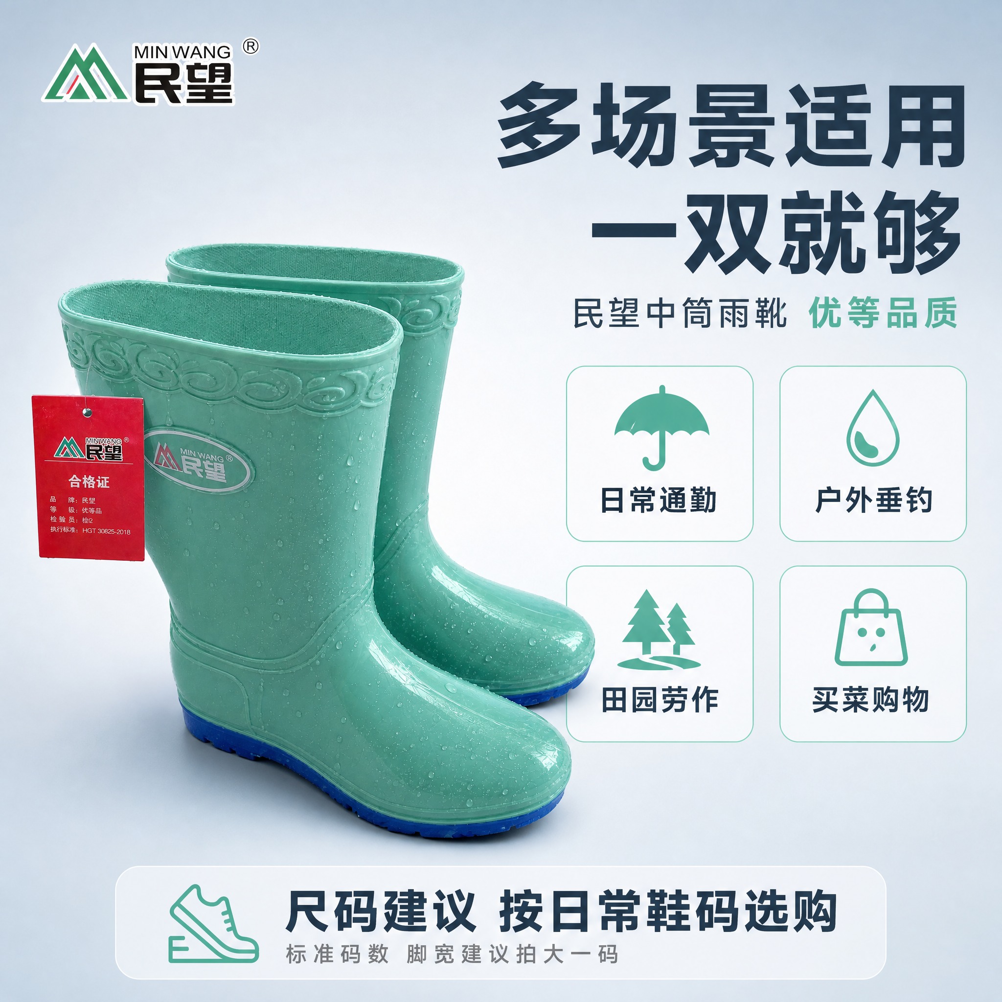 [主图-5] 民望绿色雨靴补充说明图，多场景适用展示 + 尺码… - 图片创意预览