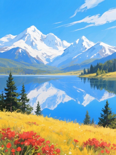 油画风格的自然风景背景，画面采用厚重的笔触质感，近景是色彩浓郁的黄色草地和红色花丛，点缀着几棵墨绿色的松树，中景是平静如镜的蓝色湖泊，倒映着远处的雪山，远景是巍峨的白色雪山群峰，山顶覆盖着皑皑白雪，天空是清澈的蓝色，飘着几缕白色的云彩，整体光影明亮，色彩对比鲜明，营造出宁静而壮丽的自然氛围，构图采用由近及远的纵深布局，具有强烈的空间感和层次感。预览效果