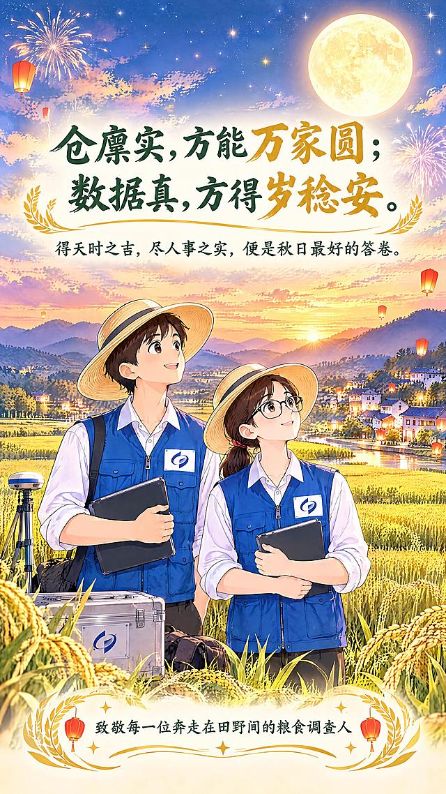 竖版长图结尾页，动漫插画风格，与中秋丰收系列衔接但必须突出结尾感和圆满感：画面是黄昏刚过的暖调时刻，天边仍有暖橙霞光，浅蓝天空渐暗但不黑暗，一轮巨大圆满的金色月亮高挂，满天星光渐亮，金黄稻田延伸到远山，白墙黛瓦村落亮起万家灯火，几盏红灯笼和金色烟花点缀，营造'万家团圆、丰收圆满'的收尾氛围，写实卡通、线条简洁、色彩温暖淡雅。

画面主体：两位粮食调查员（青年男调查员与戴眼镜女同事，与系列一致：深蓝色调查马甲、胸前带参考图第一张 https://gdesign-dam-hz.dancf.com/37934924259904534/2efc1e69e2584597a729ef97c06d0727.png?x-oss-process=image/resize,l_3000,image/crop,w_3000,h_3000,g_center 的蓝色双弧统计标志、米色遮阳帽）完成一天测产工作，收好样方框和记录本，并肩站在田埂上回望身后广袤的金色稻田，抬头望月，表情欣慰满足，动作有'收工完成'的感觉，身旁放着测量仪器。

画面上半部分突出排布结尾金句（大号书法字，居中，分两行，重点词句金黄色）：

'仓廪实，方能万家圆；数据真，方得岁稔安。'

'得天时之吉，尽人事之实，便是秋日最好的答卷。'

底部收束：一行小字'致敬每一位奔走在田野间的粮食调查人'，配金色稻穗、灯笼和星光的圆形环绕装饰，形成圆满收尾，但不出现'完'字。

要求：整体必须是明确的结尾页，不是开头页；画面温暖明亮、万家灯火与圆月呼应'团圆圆满'；文字准确无错字，金句突出醒目，字号清晰适合手机阅读，与整组照片画风自然衔接。