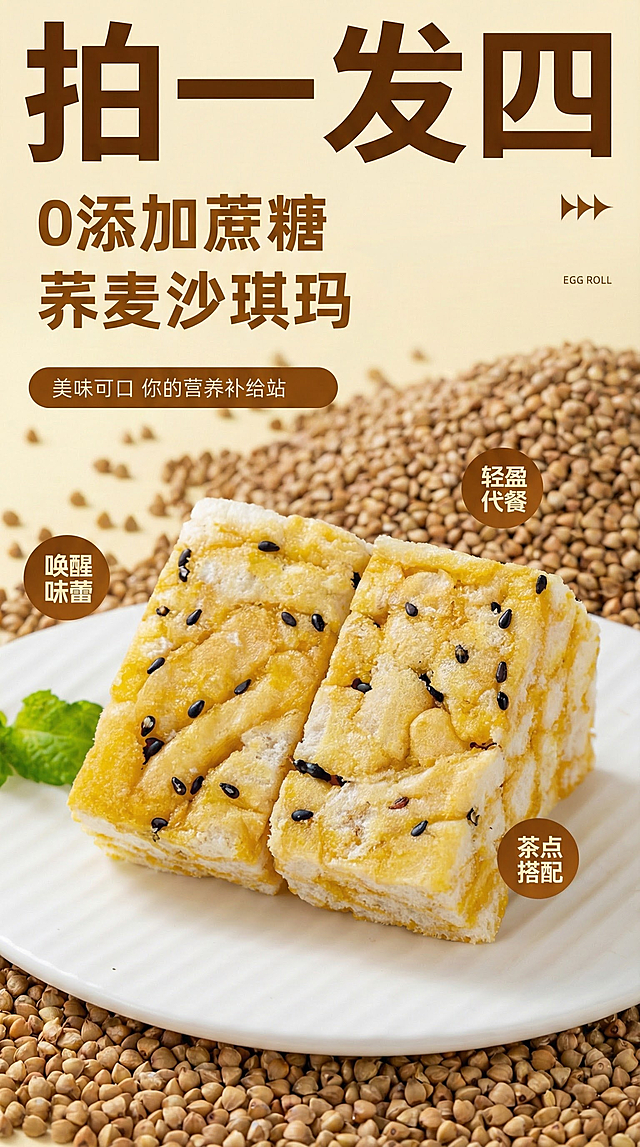 参考图片，背景要有荞麦成堆散落，图案有零添加蔗糖，文字要有拍一发四，突出拍一发四，图片尽量靠上，主题荞麦沙琪玛