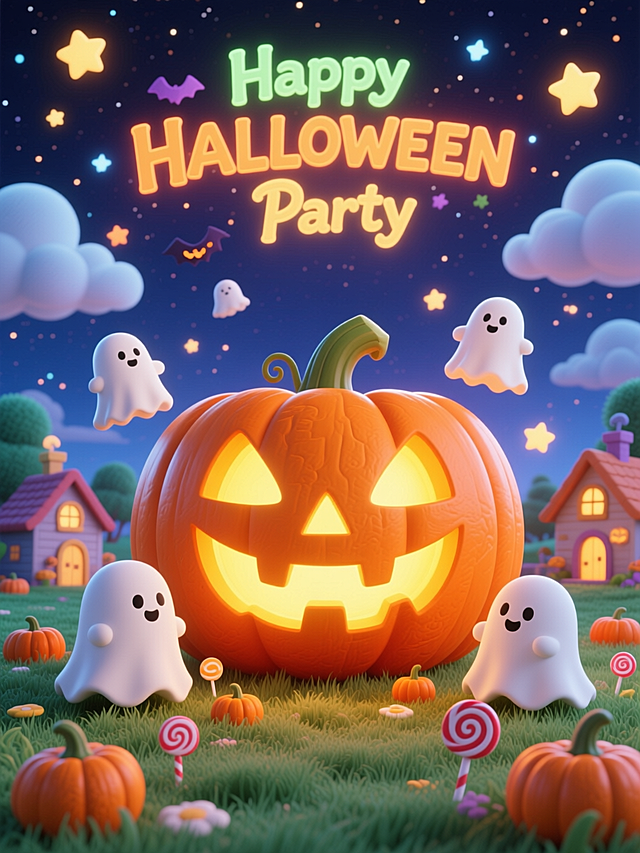 3D 卡通风格。背景为梦幻夜空，点缀云朵、星星；画面中心是一只巨型橙色南瓜灯，面部镂空处透出暖黄色光芒；围绕南瓜灯分布着多只造型圆润的白色幽灵；底部是毛绒质感草地，点缀小南瓜、棒棒糖等；背景穿插卡通小房子；顶部有荧光感文字 “Happy HALLOWEEN Party”。