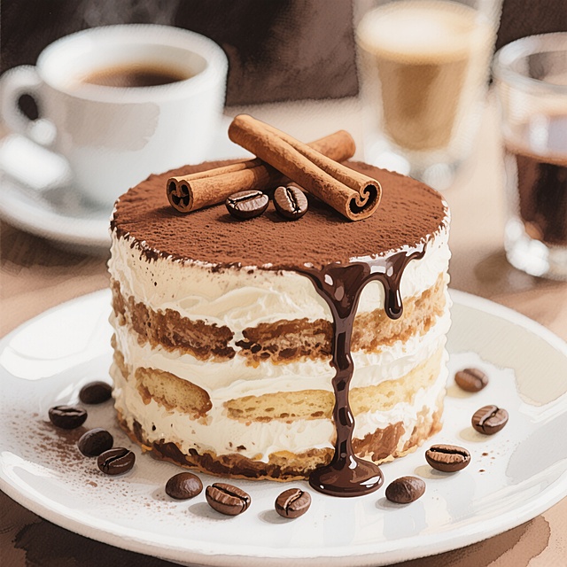 一个堆叠的提拉米苏蛋糕，顶层撒有可可粉，点缀着两根肉桂棒和几颗咖啡豆，蛋糕层间夹着奶油，巧克力酱从蛋糕侧面流下，盘子上散落着咖啡豆和巧克力豆，背景有模糊的咖啡杯和玻璃杯，整体呈现水彩画风格，色彩柔和，笔触轻盈，具有透明感和晕染效果，营造出温馨甜美的氛围。