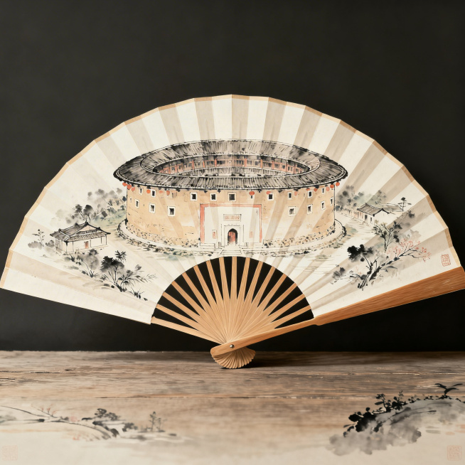 一把完整展开的折扇，扇面上是福建土楼元素的传统国风绘画，构图完整，画面清晰，风格写实雅致，展示整把扇子预览效果