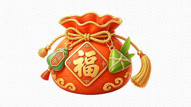 单独生成一个端午福袋装饰元素，橙红色搭配金色，透明背景，风格明亮活泼3D立体