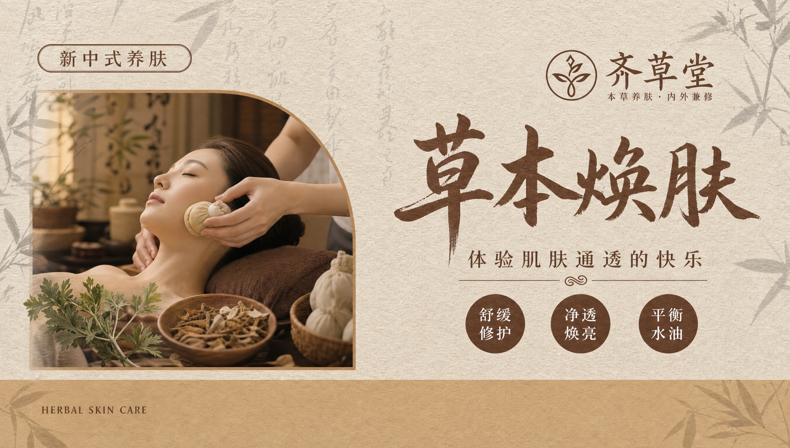 参考图的版式骨架和新中式国风风格，将品牌替换为齐草堂，主题替换… - 图片创意预览