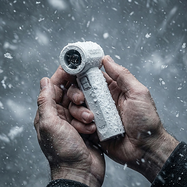 科技感与工业风交融，重拟物设计的金属质感设备在雪中呈现冷峻体积感，粒子飞舞强化光影氛围，实景感十足。