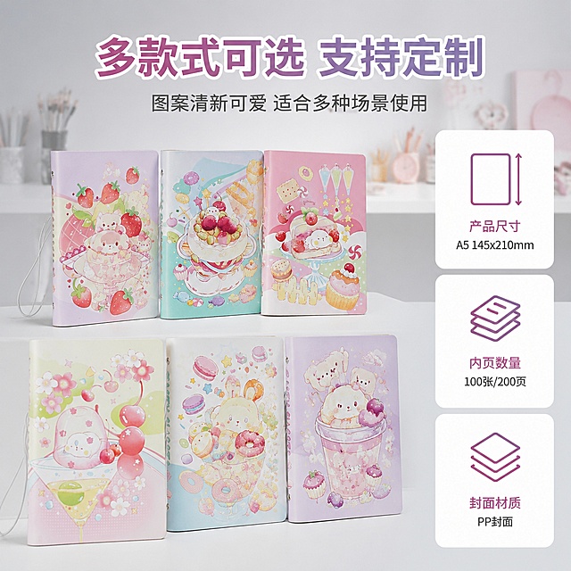 1688电商主图第三张，产品多款式展示图。左侧六款不同花色的卡通活页笔记本整齐排列成两排，颜色图案各异，有草莓款樱花款甜品款马卡龙款等，产品外观与输入图一致。右侧竖向排列三个信息卡片，分别标注产品尺寸内页数量和封面材质。背景为浅灰色渐变，后方有模糊的办公设计场景。顶部有主标题多款式可选 支持定制。整体清新马卡龙风格，B端批发感。商业摄影质感，光线柔和。一比一正方形，文字清晰，超高清。