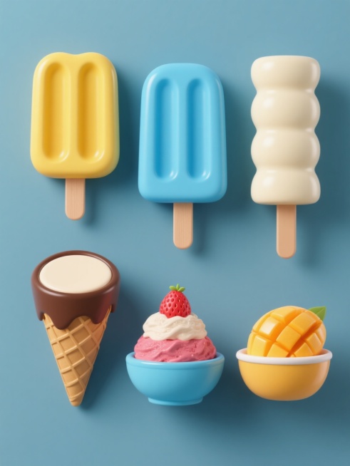 3D立体风格的雪糕系列素材集合，纯色背景，保持光滑圆润的造型、鲜明饱和的色彩、细腻的光泽感和柔和阴影效果，包含六个完全不同造型的雪糕：黄色双凹槽冰棒、蓝色双凹槽冰棒、圆筒形香草甜筒、巧克力脆皮圆筒甜筒、草莓味碗状冰淇淋、芒果味碗状冰淇淋，所有雪糕规整排布，每个都有独特的颜色和形态，整体视觉统一且富有层次感。预览效果