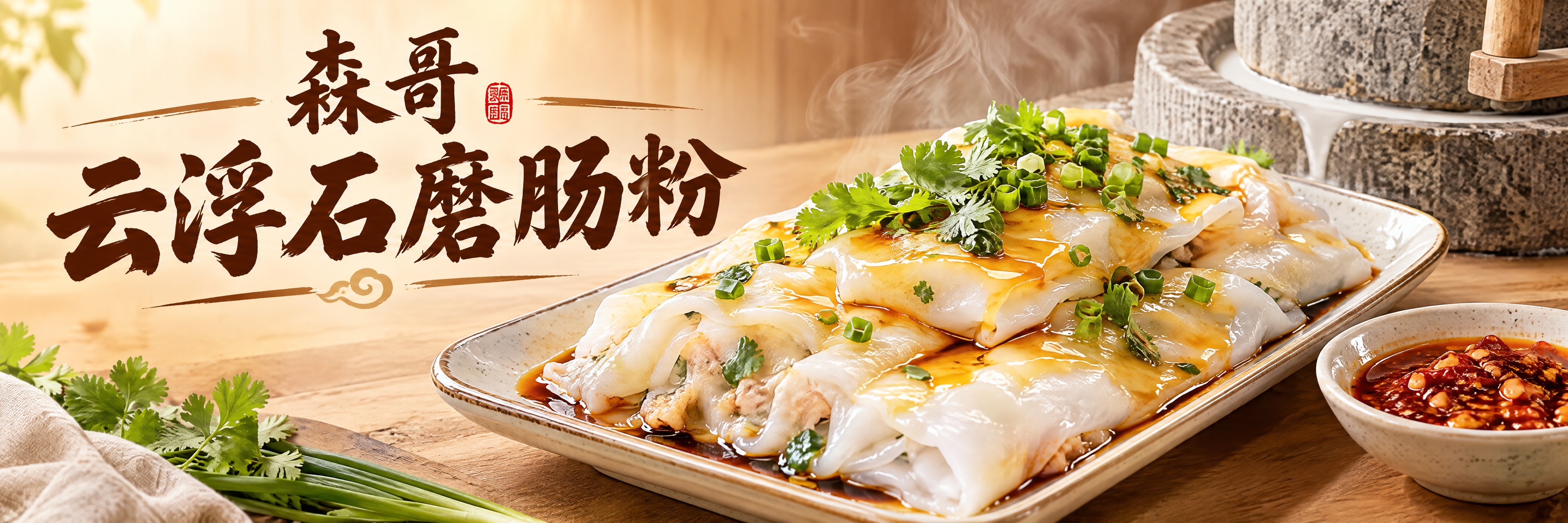 肠粉店海报设计，店名"森哥云浮石磨肠粉"，画面主体是刚出炉的石… - 图片创意预览