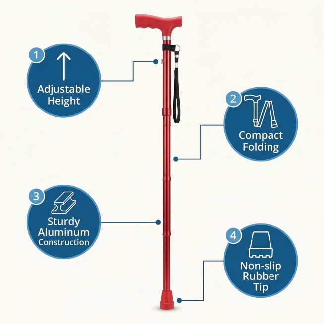 Core features of folding walking cane, the walking cane is in the center of the picture, with 4 icon预览效果