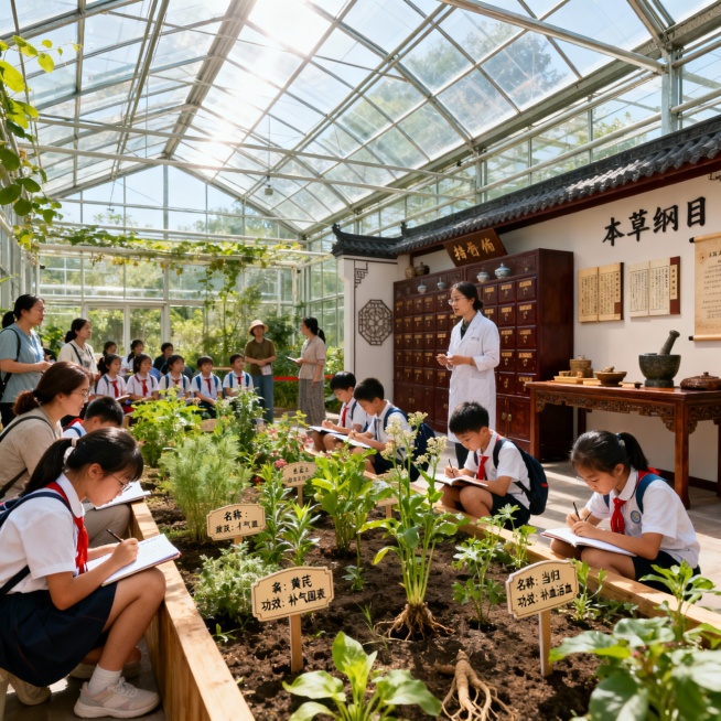 智能玻璃温室内部场景，中药文化展厅环境，儿童青少年研学活动，亲子家庭，团建科普活动预览效果