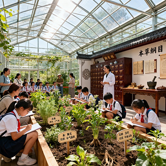 智能玻璃温室内部场景，中药文化展厅环境，儿童青少年研学活动，亲子家庭，团建科普活动