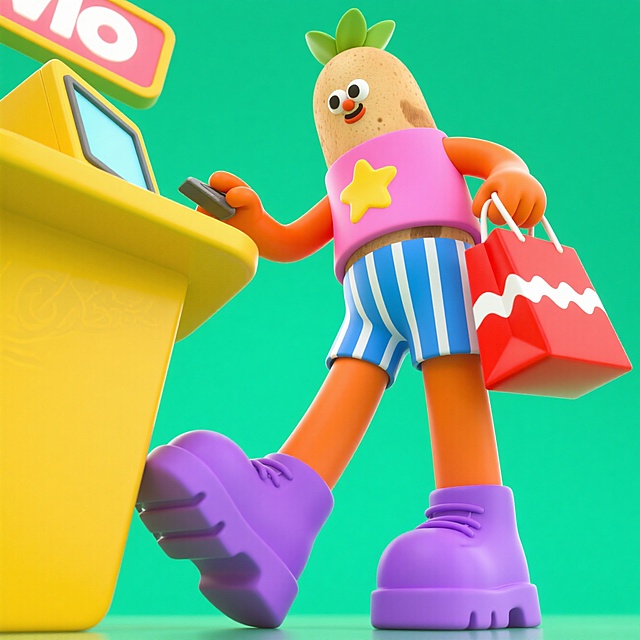 软3D风格的拟人藕，穿着卡通服饰在收银台前购物，谐音“欧了”，充满可爱与趣味感，塑料质感渲染，双11节日氛围轻松活泼。