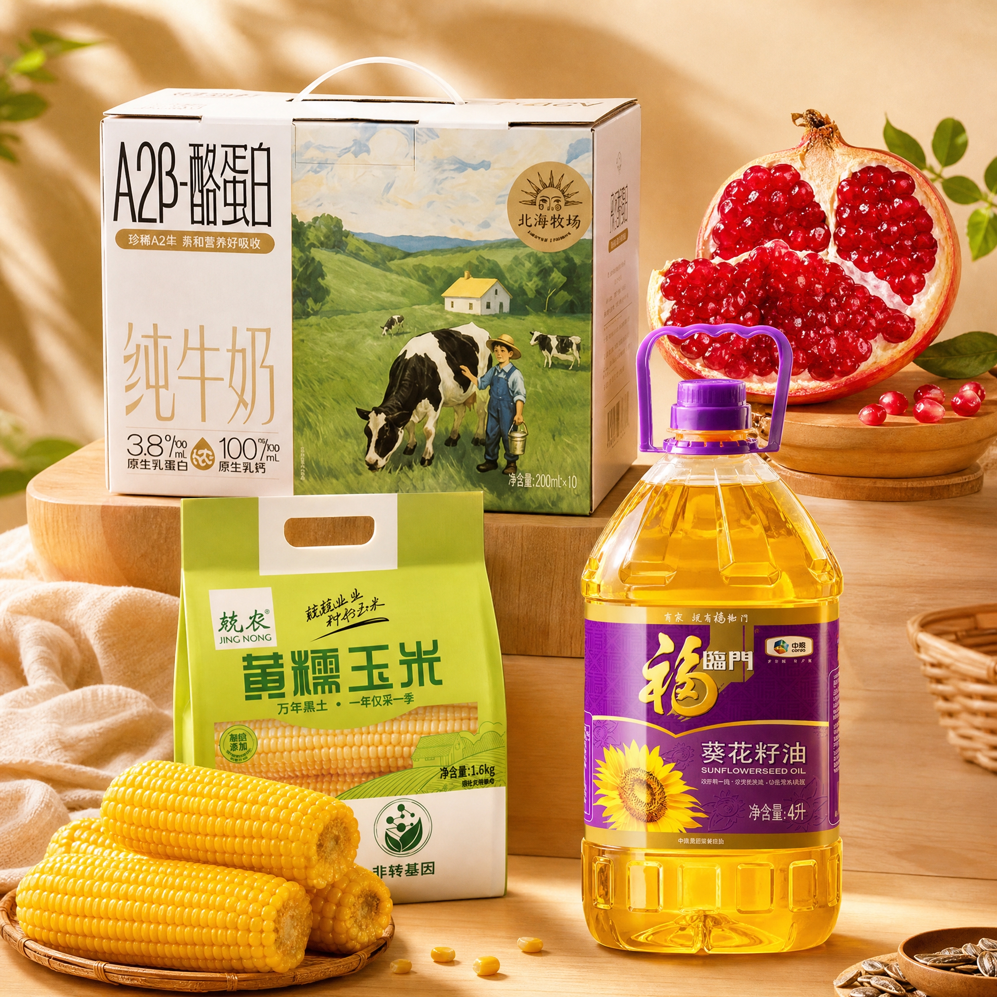 4款食品产品组合展示图，采用错落有致的陈列方式，左上位置是北海… - 图片创意预览