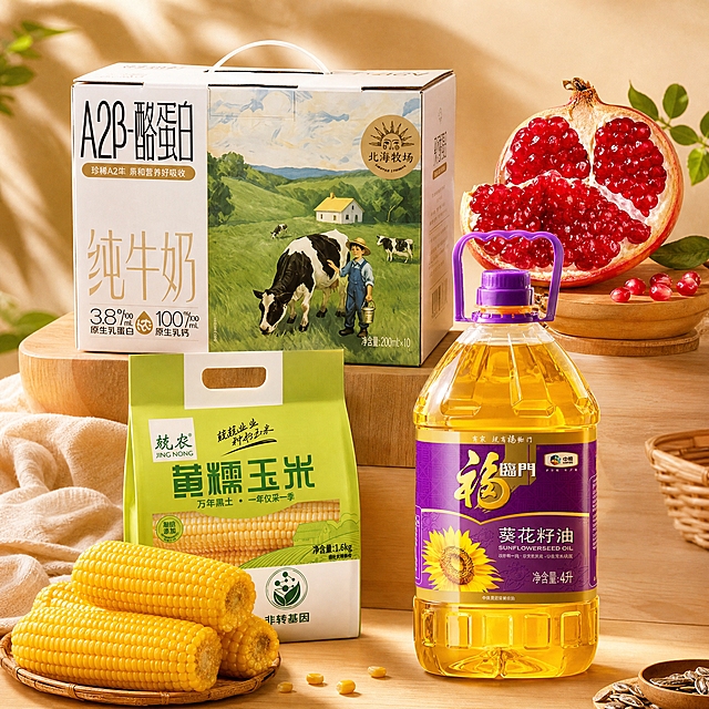 4款食品产品组合展示图，采用错落有致的陈列方式，左上位置是北海牧场A2β-酪蛋白纯牛奶礼盒，右上位置是切开的突尼斯软籽石榴，左下位置是兢农黄糯玉米，右下位置是福临门葵花籽油4升装。产品自然摆放，保留各自包装和产品原貌，背景为温馨的浅木色台面+柔和暖光背景，商业美食摄影风格，高清精致，光影柔和，整体氛围新鲜健康有食欲，四个产品大小协调、层次分明。