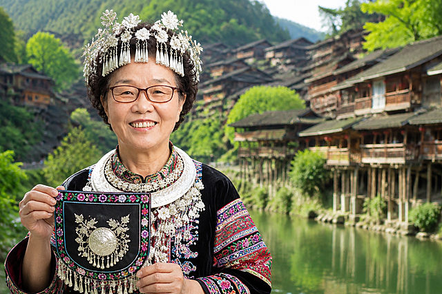 用图1的中老年女性人脸，人脸表情严格保持图1中戴眼镜微笑的样子不变，生成单人民族写真照。画面为横向构图，人物上半身出镜，占据画面三分之一以上。场景为贵州苗族山寨，吊脚楼依山而建，青山绿水环绕。人物穿着苗族传统服饰，头戴银饰头饰，佩戴银项圈，手持苗族银饰绣品道具。写实摄影风格，高清人像，光影自然，皮肤质感真实。