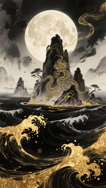 古风厚涂，很多细节，法术，史诗级构图，梦核，海岛，圆月，山海经，黑金海浪，黑色，金色，金箔，噪点，复古感，水墨效果+局部线描，气势宏伟预览效果