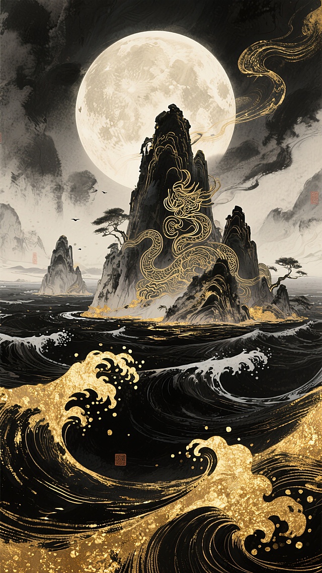 古风厚涂，很多细节，法术，史诗级构图，梦核，海岛，圆月，山海经，黑金海浪，黑色，金色，金箔，噪点，复古感，水墨效果+局部线描，气势宏伟