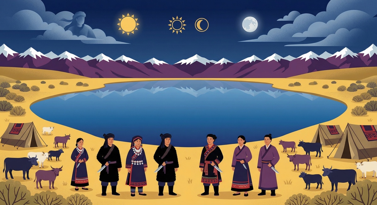扁平风格绘本插画，遥远的北方糯海厄波湖畔故事场景：在遥远北方牡必密必地方，拉祜族先民与汉族人在糯海厄湖岸草原一起撵山狩猎，过着游牧生活，两族和睦共处。以“糯海厄”大湖为视觉中心，对称式水平构图，湖面如预览效果