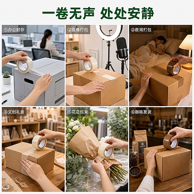 [商品] 使用【图1】透明米黄色封箱胶带为基础原型，生成三色SKU（透明无色、米黄色、咖啡色），保留胶带卷的圆柱形态、纸芯内环棕色结构、胶带层叠纹理和光泽质感；胶带宽度48mm、肉厚饱满，真实封箱胶带形态。
[画面] 页面目标：六大安静使用场景六宫格展示，传达无声胶带多场景适用价值。构图：顶部居中主标题区占12%，下方六宫格（2行×3列）占88%，白色细边框均匀分隔每格。每格内只拍手部与物件，不出现面部。六格内容：①左上格-办公封存｜透明无色胶带：开放式办公区白天浅灰蓝+木色调，一双手用透明无声胶带封存文件档案箱，邻座同事伏案工作不受打扰；②中上格-直播打包｜透明无色胶带：直播间暖白补光环境，环形补光灯下，一双手用透明无声胶带封装发货包裹，身旁立式麦克风近在咫尺；③右上格-夜间打包｜咖啡色胶带：夜间居家客厅暖黄暗调，只留一盏暖灯，一双手用咖啡色无声胶带轻声打包当日订单，背景隐约可见安睡的家人；④左下格-文创礼盒｜米黄色胶带：手作店木桌前牛皮米黄调，一双手用米黄色无声胶带封好牛皮纸礼盒，胶带与纸色相融显质感；⑤中下格-花店包束｜米黄色胶带：花店吧台绿植白调，一双手用米黄色无声胶带固定花束的牛皮纸包装，周围绿植环绕；⑥右下格-咖啡发货｜咖啡色胶带：咖啡店深棕调打烊前的吧台旁，一双手用咖啡色无声胶带封好咖啡豆发货箱，与咖啡豆色调呼应。六格时段与道具各不相同，避免同构。方形构图，六格饱满均匀。
[视觉] 套系策略：风格=清新简洁电商详情页设计风格；标题字=黑体加粗60px；正文字=黑体36px；主色=白色#FFFFFF；背景延展=白底+浅灰#F5F5F5面板做深浅层级；强调色=绿色#00611B，仅用于标题、标注、引导元素；标题色=#00611B；正文色=#333333；组件=白色细边框分隔、半透明深色底条小标题；光影=整体明亮清新、六格各有环境光侧重；产品彩色仅来自三色SKU本身，其余一律中性灰白。
[文字] 顶部居中主标题「一卷无声 处处安静」（#00611B·60px·加粗·居中）；每格左上角有白字+半透明深色底条的小标题（44px）：①办公封存 ②直播打包 ③夜间打包 ④文创礼盒 ⑤花店包束 ⑥咖啡发货；所有文字横向排版，不遮挡产品主体。
[规格] 图片比例1:1方形，1000x1000px，4K分辨率，负向提示：避免面部出现、避免六格同构、避免文字竖排或斜排、避免颜色偏离三色SKU、避免出现极限词或平台Logo。