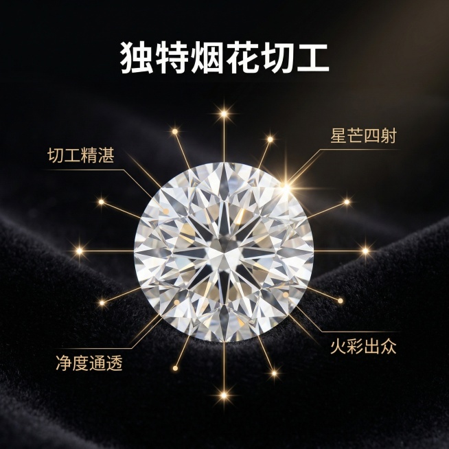 [主图 2] 烟花切钻石核心亮点展示
[氛围/风格]高贵典雅奢华风格，精致光影，极致质感
[画面元素]保留原图白色烟花切钻石裸钻外观不变，以钻石为中心，用极细金色引线标注烟花切工艺的独特部位，每个标注预览效果