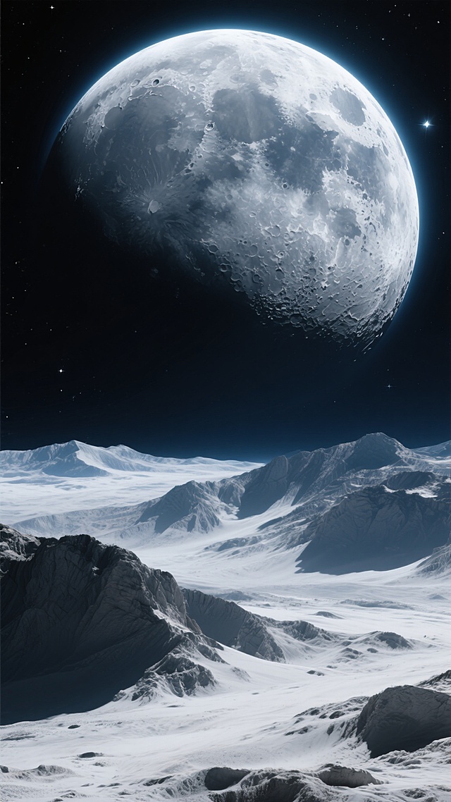 超写实风格的月球景观，巨大的月球占据画面上半部分，表面布满深邃的陨石坑和环形山，呈现出灰白与深蓝的渐变色调，边缘有明亮的光晕散发着柔和的冷光。下方是月球表面的崎岖山地，覆盖着细腻的白色尘埃，山脉的阴影在侧光照射下形成强烈的明暗对比，展现出岩石的坚硬质感。深邃的黑色宇宙背景中点缀着稀疏的遥远星辰，整体画面营造出神秘、宁静而壮丽的宇宙氛围，色调以深蓝、灰白、黑色为主，光影层次丰富，具有极高的细节清晰度和空间纵深感。
