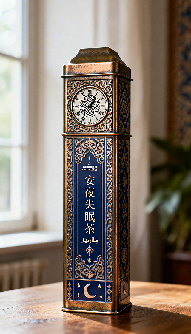 1:1参考AHMAD TEA大本钟铁盒浮雕工艺，7cm×7cm×17cm细长方柱金属铁盒，失眠茶外包装，中亚宫廷典雅风格，古铜色做旧氧化金属+暗靛蓝撞色，融合中亚地毯纹样与游牧宫廷美学，盒身正面中心为简化中亚卷草纹环绕圆形时钟，表盘用阿拉伯式几何花纹替代刻度，盒身四面做对称连续细花纹，底部点缀月牙+星点暗纹象征深夜安眠，文字采用纤细异域风字体标注"安夜失眠茶"，搭配微量中亚文字装饰符号，所有纹路浅淡柔和、不突兀凸显，时间元素自然贯穿设计，无绿色无白绿色，真实产品实拍，自然室内光线，微浮雕质感，高级静谧，对称构图，金属质感真实自然