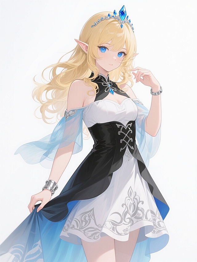 二次元动漫风格立绘，金发长卷发精灵少女，蓝色眼眸，尖耳朵，头戴蓝色水晶状发饰，穿着黑白为主色调、带有蓝色渐变飘逸轻纱的露肩连衣裙，衣袖和裙摆有精致的银灰色花纹装饰，佩戴银色手镯，白色纯净背景，少女侧身站立，一手自然下垂轻提裙摆，另一手微微抬起拂过耳边发丝，姿态优雅灵动，整体画面明亮清新，线条流畅，细节精致，保留原角色所有核心特征。