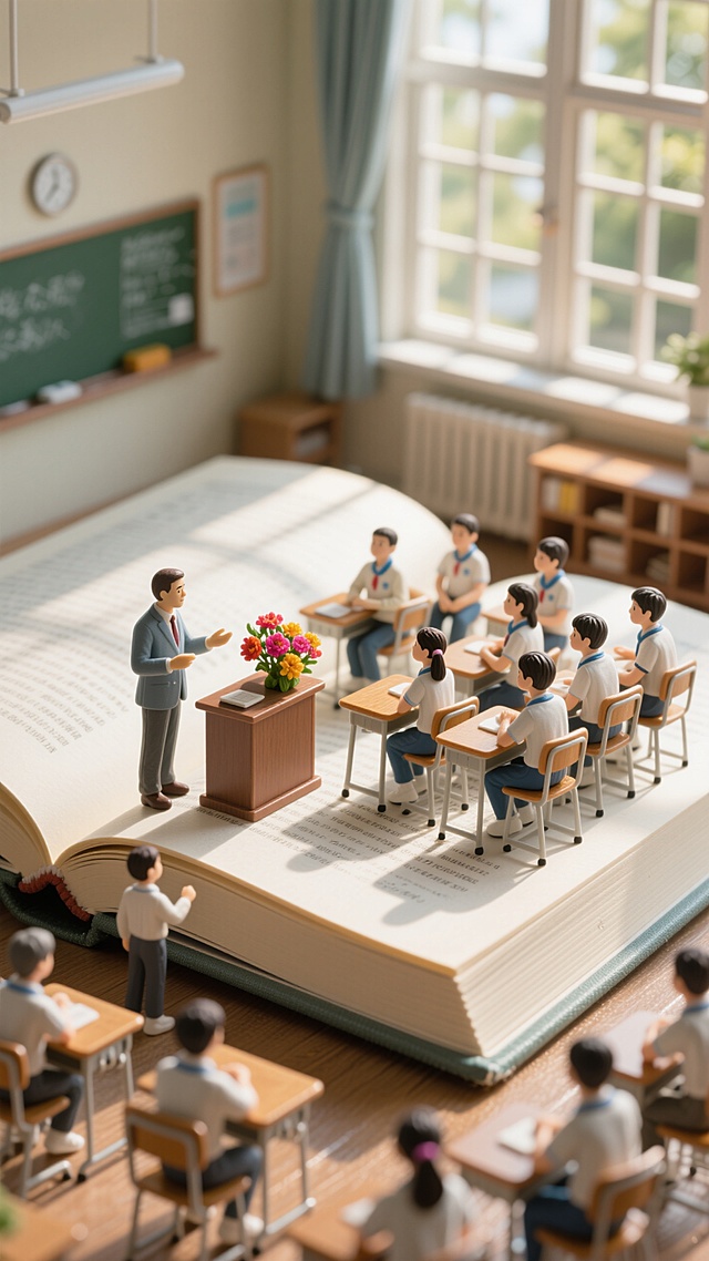 一本打开的巨大的书本上面有一个教室，书上面是老师和学生，鲜花放在讲台上
，老师正在教导初中学生，高端整洁，创意构图，温馨和谐