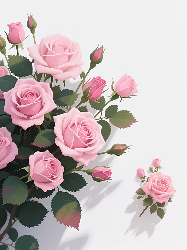 白色背景上，左侧一簇盛开的粉色玫瑰花丛，包含多朵不同开放程度的粉色玫瑰，从完全绽放的大花到含苞待放的花骨朵，搭配深绿色带锯齿边缘的叶子，部分叶子有渐变色彩，花朵和叶子呈现出数字插画的平滑质感，边缘清晰，右侧一小簇类似的粉色玫瑰花丛，整体构图左右不对称，带有轻微的阴影效果增强立体感，保持数字花卉插画的风格，色彩过渡自然，细节丰富，具有装饰性图案的美感。