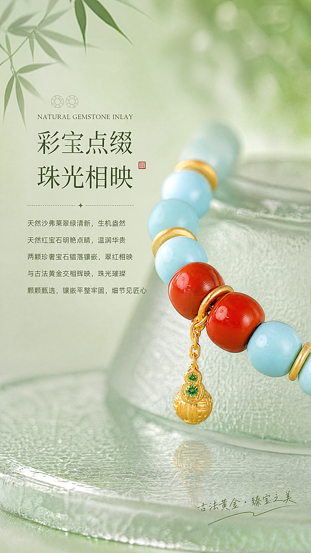[商品] 使用【图10】福禄提溜葫芦与福球双坠宝石镶嵌微距特写图；严格保留沙弗莱绿宝石的翠绿色泽与火彩、红宝石的正红色泽、古法黄金磨砂质感、产品结构比例，禁止宝石变色、变形、重绘，禁止黄金发白。
[画面] 页面目标为卖点2「彩宝点缀 珠光相映」，突出天然彩宝镶嵌的珍奢感；产品双坠微距特写位于画面中部偏右，占画面约45%，放置于磨砂玻璃质感台面上；背景为浅豆绿渐变虚化，透过磨砂玻璃的绿植光影朦胧柔和，左上角竹叶光影；3层景深（前景玻璃台面/中景产品微距/背景绿植光影虚化）；阅读动线从左上文字到右侧产品。
[视觉] 套系策略：风格=高端新中式古法黄金珠宝详情页，松弛显贵，自然清新，品牌级设计感；标题字=免费商用宋体衬线体（纤细雅致，统一字重字号）；正文字=免费商用简洁无衬线体（纤细轻盈）；手写体=免费商用手写体（仅少量点缀）；英文小字=免费商用衬线体（纤细优雅）；主色=低饱和抹茶绿（浅豆绿色）；背景延展=基于抹茶绿做深浅渐变、磨砂玻璃朦胧质感、绿植光影层次；强调色=朱红色（仅用于印章、小面积点缀）；标题色=深墨绿；正文色=暖灰棕/浅墨绿；组件=细金线、宝石小图标、竹叶剪影、虚线辅助线；光影=柔和左前侧漫射自然光，宝石火彩清晰明亮，黄金温润磨砂光泽，玻璃台面有柔和反射，无硬阴影、无强反光。
[文字] 画面左上方：宝石小图标 + 英文小字"NATURAL GEMSTONE INLAY" + 主标题"彩宝点缀" + 副标题"珠光相映"；下方5行正文："天然沙弗莱翠绿清新，生机盎然""天然红宝石明艳点睛，温润华贵""两颗珍奢宝石错落镶嵌，翠红相映""与古法黄金交相辉映，珠光璀璨""颗颗甄选，镶嵌平整牢固，细节见匠心"；右下角手写体小字点缀；全部文字横排，层级清晰。
[规格] 图片比例9:16竖版（宽1080px高1920px），4K高清，负向提示：避免宝石偏色、黄金发白、强反光、过曝、死黑阴影、产品变形、文字遮挡宝石、促销感、杂乱背景。