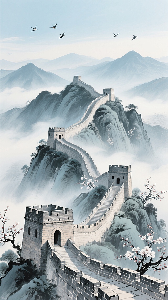 水墨风与工笔结合，长城蜿蜒于云雾缭绕的山间，梅花点缀，飞鸟掠过，营造出古典唯美的意境，展现中式山水的朦胧诗意。