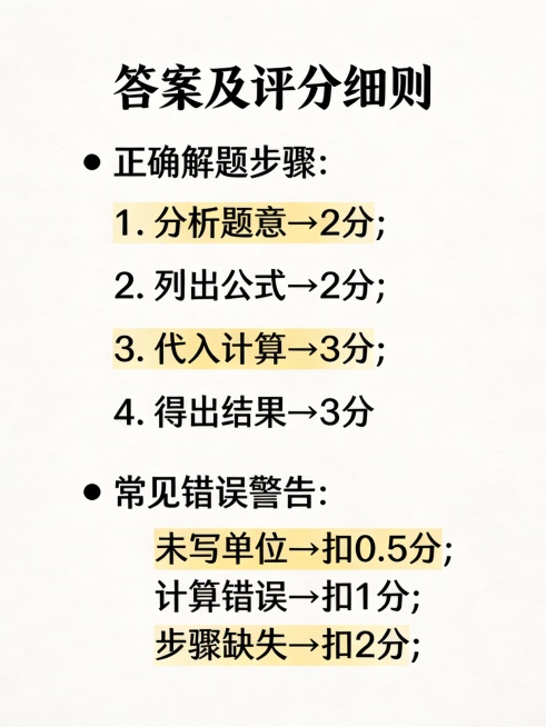 教育答案页详细展示了关于工作效率数学问题的评分标准。标题为‘答案及评分细则’。内容包括：正确的解题步骤、分数分配（例如，“效率计算：2分”），以及常见的错误警告如‘未写单位→扣0.5分’。使用干净的无预览效果