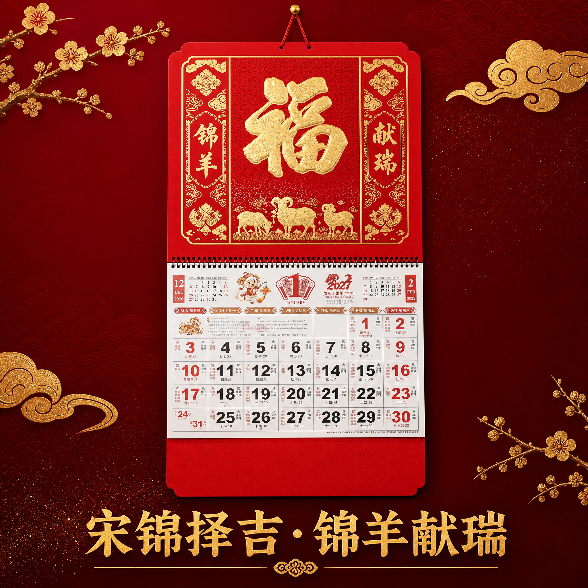 宋锦择吉·锦羊献瑞款2027羊年大六开吊牌月历 SKU单品图。… - 图片创意预览