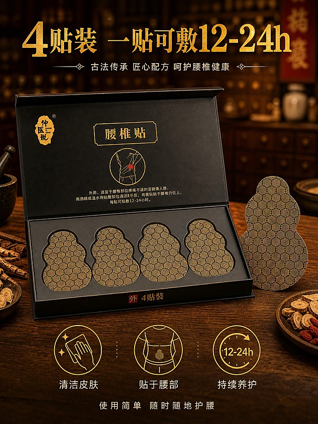 [主图-5 包装盒规格与使用] 产品规格与使用方法总结图，突出4贴装与使用便捷。
[统一基调] 中式古法药铺黑金品质风，深木色药柜背景虚化，暖黄色药铺灯光，主标题金色粗体宋体，辅助文字米白色细黑体，强调色为烫金，整体专业靠谱、古法传承氛围。
[画面] 画面中央展示打开的腰椎贴包装盒，盒盖翻开，里面整齐排列着4片葫芦形腰椎贴，清晰展示4贴装规格。盒子旁边放着一片单独取出的贴剂，展示产品形态。下方用三个简约金色图标横向排列，分别表示：清洁皮肤、贴于腰部、持续12-24h。背景为虚化的老药铺木质柜台，暖光柔和，台面上有少量中药材点缀。产品下方有自然接触阴影。
[光影质感] 商业摄影质感，打开的盒子内部结构清晰，贴剂排列整齐，蜂窝纹理可见，图标精致，整体光线温暖均匀。
[配色] 产品黑金配色，图标和标注金色，背景深木色暖光，标题金色，辅助文字米白色，整体统一。
[文字版式] 画面上方大标题"4贴装 一贴可敷12-24h"，烫金色粗宋体，数字部分加粗放大。下方三个图标分别标注"清洁皮肤""贴于腰部""持续养护"，米白色细黑体。底部一行小字"使用简单 随时随地护腰"，米白色。文字信息层级分明，不遮挡产品主体。
[输出要求] 比例3:4，文字清晰可读，产品清晰不变形，盒内贴剂排列整齐，无错字，无水印，无平台Logo，画面信息完整清晰。