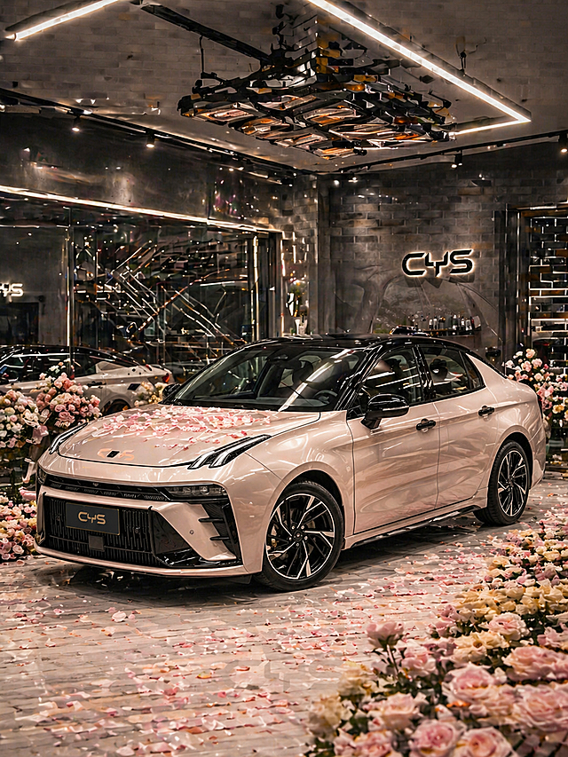 保持这辆浅粉色汽车的车型轮廓、CYS品牌标识不变，修改为黑色悬浮车顶，车身带有柔和香槟金渐变光泽，引擎盖上散落浅粉色玫瑰花瓣，更换背景为高端汽车美容店室内，深灰色工业风墙面，天花板悬挂汽车贴膜烤灯，大面积镜面玻璃墙反射金属楼梯与车辆，天花板轨道射灯加方形LED顶灯，地面为浅灰色大理石瓷砖，地面散落大量浅粉色玫瑰花瓣，车辆周围被浅粉色玫瑰花束和黄色玫瑰环绕，柔和顶光照明，高级电影质感，浅景深，柔光滤镜，低饱和度温柔色调，浪漫轻奢氛围，8K超清，细节丰富，干净整洁，氛围感拉满，生成车身右侧面角度，车身不变形，保留品牌文字，保持原图片比例
