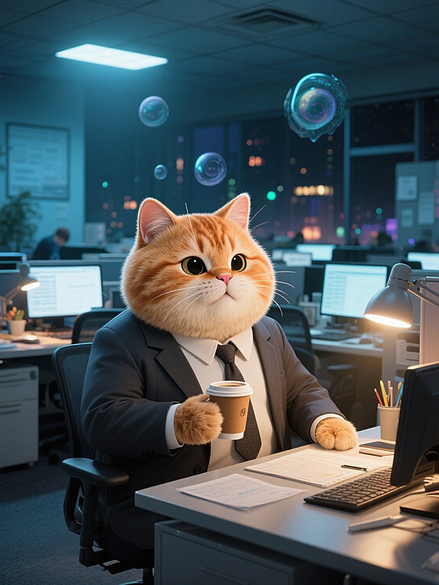 拟人胖乎乎圆滚滚橘猫穿着西装手拿着咖啡，在办公室繁忙的加班，背景夜晚