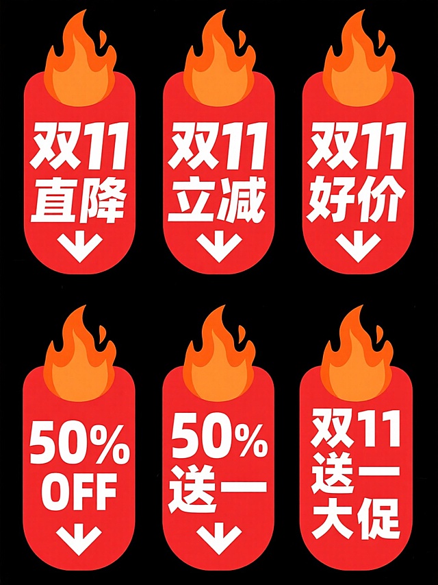 六个规整排布的促销标签素材，每张标签为单一设计，背景为纯红色，标签顶部有橙色火焰装饰，火焰下方是白色粗体文字，分别为“双11直降”、“双11折扣”、“双11立减”、“双11好价”、“买一送一”、“双11大促”，文字下方有白色“50% OFF”字样及向下箭头符号，整体设计简洁醒目，色彩对比强烈，突出促销氛围。