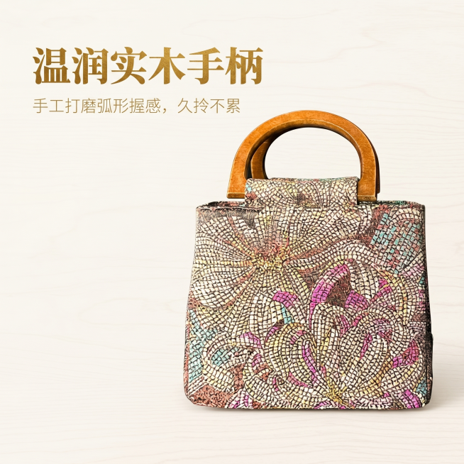 严格还原上传的织锦花卉手提包产品，包括织锦花卉图案、原木手柄、复古配色等所有细节，产品比例 1:1。整体为低饱和复古国风杂志风，以原木手柄为视觉核心，产品正面朝向镜头，搭配柔和侧光突出手柄的弧形轮廓与预览效果