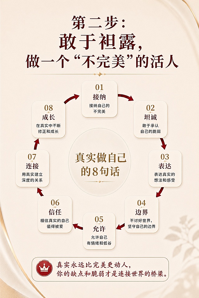 「图片1」我给一篇文稿我需要你模仿这张图片，生成几张对应文稿的图片，以下是我的文稿”最近“个人IP”这个词越来越热了，好像人人都得赶紧给自己贴上标签，否则就会被时代抛弃。到处都在教你怎么起号、怎么拍爆款、怎么设计话术，一整套“术”的东西被包装得天花乱坠。
但说实话，看得越多，心里反而越迷茫。感觉每个人都在拼命演一个“更好的自己”，最后却发现，自己离自己越来越远了。我们想成为别人，却忘了自己是谁。
今天，我们不妨把那些复杂的框架和公式先放一放，聊点更接地气的。我想和你分享几个关于打造个人IP的“心法”，它们可能不那么“速成”，但或许能让你走得更稳，也更舒服。
第一步：停下来，先“看见”自己
很多人在开始做个人IP之前，都在向外看，看别人怎么做，看什么赛道最火。这当然重要，但最重要的第一件事，可能恰恰相反——向内看。
拿出一张纸，或者打开手机备忘录，诚实地问问自己：

我擅长什么？ 不只是工作上的技能，也可以是生活里的。比如你很会做攻略，总能找到小众又好吃的地方；或者你特别会收纳，能把乱糟糟的家变得井井有条；又或者你天生擅长倾听，朋友都愿意跟你聊天。
我热爱什么？ 有什么事是你不给钱、没人看，也依然愿意花时间去做，并且乐在其中的？这件事本身，可能就是你的天赋所在。
我的性格底色是什么？ 你是沉稳可靠的，还是风趣幽默的？是心思细腻的，还是大大咧咧的？别试图扮演一个和你性格完全相反的角色，那会很累。

这些问题的答案，就是你个人IP最珍贵的原材料。不要去羡慕别人的“剧本”，你的“人设”就藏在你走过的路、读过的书、爱过的人和流过的泪里。
第二步：敢于袒露，做一个“不完美”的活人
你有没有发现，现在互联网上最受欢迎的人，往往不是那些看起来“完美无缺”的。
我们真正会喜欢的，是那些真实、鲜活，有血有肉的朋友。他们也会有做错事的时候，也会有emo的夜晚，会为生活里的鸡毛蒜皮烦恼，也会因一点小确幸而开心很久。
反而那些精心包装的“精英人设”，会让人有种距离感，甚至产生“是不是我太差了”的焦虑感。
所以，打造个人IP的关键一步，不是藏拙，而是接纳，甚至是放大那些不完美。当然，这里说的“放大”，不是让你把缺点当个性，而是真诚地面对它。
比如，你是一个有点社恐的人，那在做内容时，你不需要勉强自己像个社交达人一样侃侃而谈。你完全可以分享作为一个社恐，是怎么在这个世界找到自己舒服的沟通方式的。这种真实，反而更容易打动和你有同样困境的人。
你的缺点，你的脆弱，你的小尴尬，那些让你觉得“不好意思”的东西，往往才是你和这个世界建立深度连接的桥梁。因为真实，永远比完美更动人。
第三步：坚持重复，建立你的“信任账户”
这个世界上，最有效的沟通方式，是时间。
当你想清楚自己是谁，也决定要真诚地去表达之后，剩下最重要的事，就是持续地做。把自己当成一个品牌，而品牌的核心资产，是信任。
怎么建立信任？很简单，就是不断地、一次次地，在别人面前证明“你”是什么样的。
就像交朋友，你不可能只见一次面，就让人家对你掏心掏肺。你需要不断地出现，不断地分享你的观点、你的生活、你的思考。你今天讲了一个什么样的故事，明天又对某个热点发表了什么样的看法。慢慢地，别人会形成一个对你的固定认知：“哦，原来他是这样的人。”
这个过程，我称之为“往你的信任账户里存钱”。
别总想着怎么变现。 当你的信任账户足够充裕时，“商业变现”只是一个自然而然的结果。如果你在一开始就盯着“怎么从用户口袋里掏钱”，你的动作会变形，你的文章和视频里会充满焦虑的欲望，那感觉就像想去交个朋友，却一上来就问人家借200块钱一样。
第四步：保持进化，让自己成为“活水”
个人IP的打造，不是一劳永逸的。没有谁是靠吃老本活下来的。
我们每天的生活都在发生变化，我们的认知也在不断更新。昨天觉得对的事，今天可能就不那么认为了。以前可能只关注工作，现在结婚生子，又有了关于家庭的新体验。
这些变化，不能成为你停下来的理由，反而应该成为你源源不断的创作素材。
你需要主动地去换圈子、去学习、去经历。今天去体验一个你从来没试过的运动，明天去见一个你敬佩的行业前辈。把这些新的感受、新的思考，揉进你的内容里。
当你的IP在进化，你的粉丝会像追更一部精彩的连续剧一样，充满期待。因为在他们眼里，你不是一个静止的“知识库”，而是一个和他们一起在热烈地生活、在成长的“老朋友”。
最后，想和大家说：
打造个人IP，本质上是一场自我探索与表达的修行。技术层面的“术”当然重要，但那只是让信息流通更快的工具。真正决定你走多远的，永远是你这个人本身，以及那份想要“为人”的真心。
别着急，也别焦虑。从今天开始，先学会和自己好好对话吧。
因为，你，才是你最好的IP。“