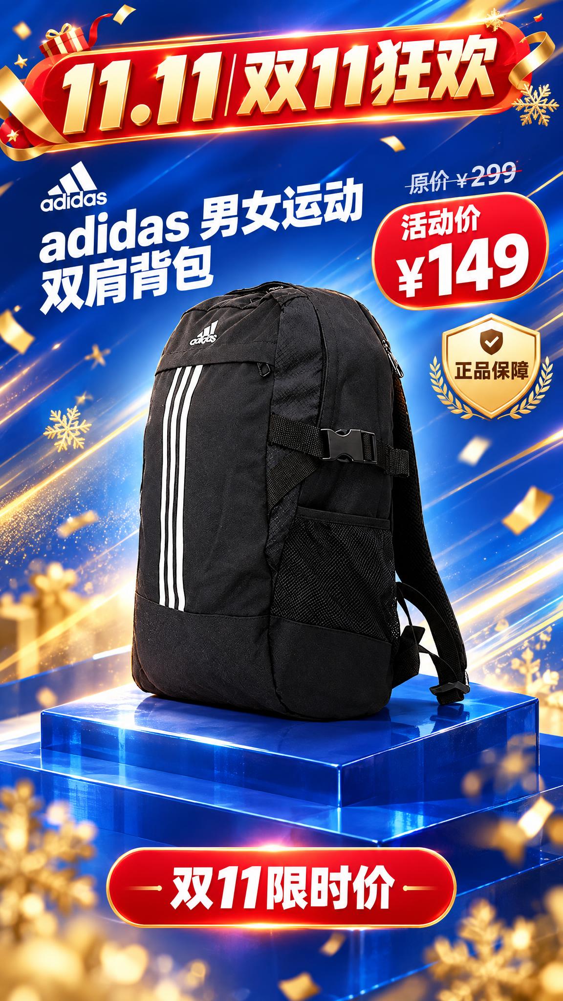基于上传的商品图，生成一张双 11 大促风格的运动商品推广视觉… - 图片创意预览