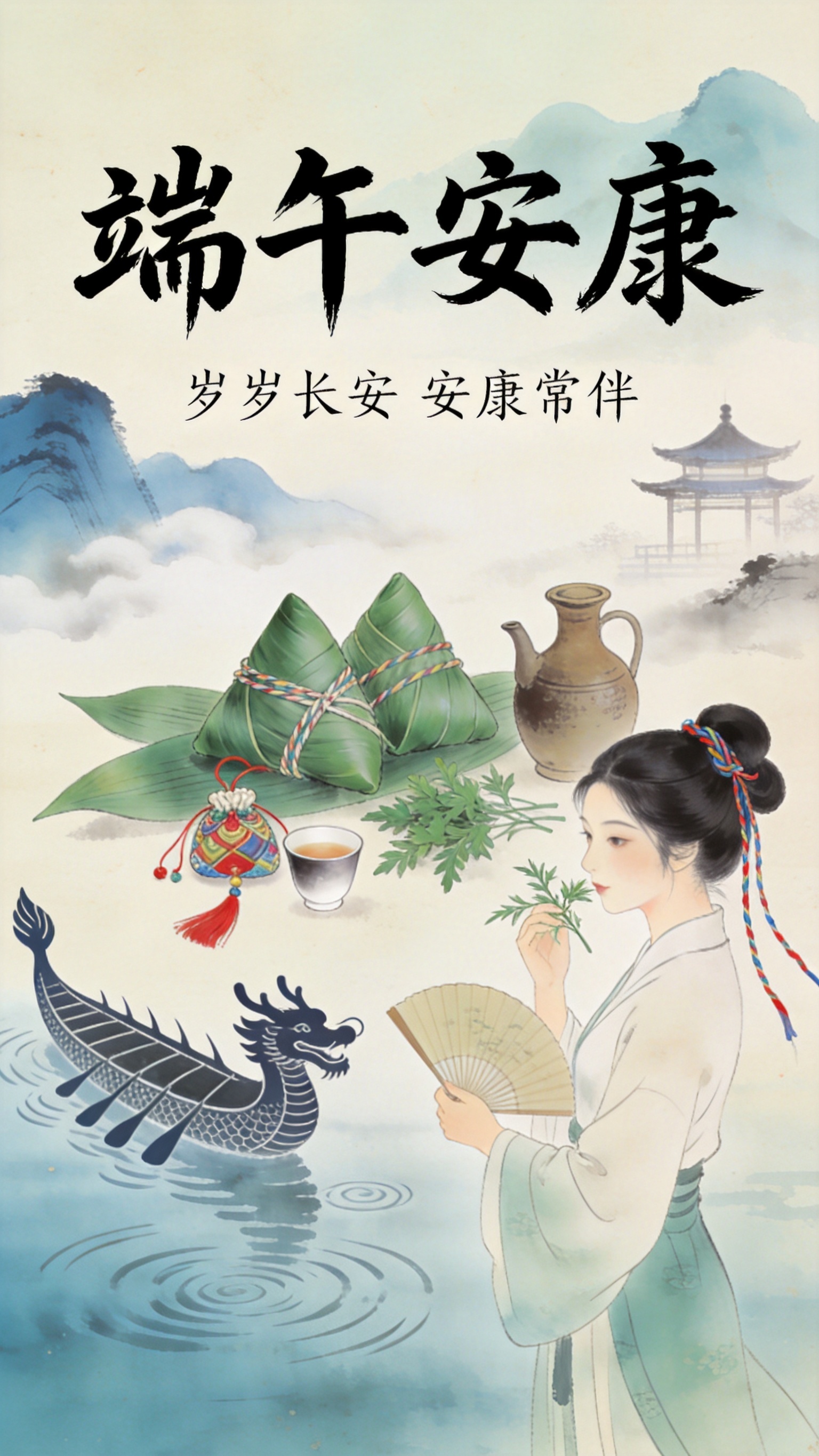 端午安康节日祝福清新中式感通用竖版海报 - 图片创意预览