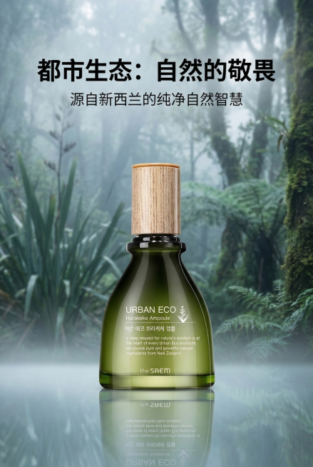 高端时尚杂志风格，背景是朦胧的新西兰原生森林，薄雾缭绕。严格还原上传图中的深绿色产品瓶身、原木纹理瓶盖、LOGO位置及所有文字细节，瓶身直立于画面中央，底部带有清澈的镜面反射。主标题："都市生态：自然预览效果