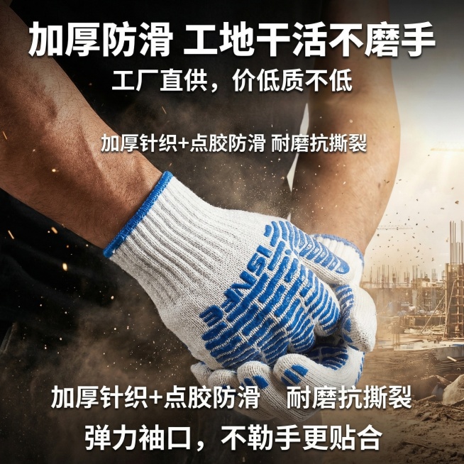 我是在拼多多卖手套的 帮我做10张主图 文案可写加厚防滑  工地干活不磨手 工厂直供，价低质不低， 加厚针织+点胶防滑 耐磨抗撕裂， 弹力袖口，不勒手更贴合 看着图片大气一点 可以佩戴手上预览效果