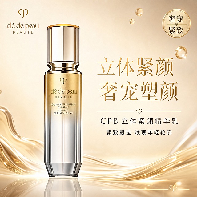 [主图-1] 首图品牌调性，突出CPB精华乳的高端奢宠定位与紧致抗老核心价值。
[统一基调] 暖金轻奢风，整体采用香槟金+奶油白+透明玻璃质感的高级配色，主标题使用细衬线体金色大字，辅助文字使用深棕色细体，强调色为璀璨金，整体氛围奢华精致、通透高级，符合淘宝/天猫美妆高端线调性。
[画面] 产品瓶身居中偏左放置，占画面约55%，完整展示瓶身正面，瓶身保持原图的金色上盖+透明渐变瓶身+金色CPB Logo与文字的外观结构，材质为高级玻璃与金属质感。背景为柔和的暖米色渐变，底部有细腻的金色流体缓缓流淌，右侧悬浮几颗晶莹的金色精华液滴，左上角放置CPB品牌标识（与瓶身同款Logo样式），右上角有圆形金色徽章写着「奢宠紧致」。产品下方有柔和的倒影，整体构图饱满，产品突出。
[光影质感] 高端商业摄影质感，柔光箱布光，主光从左上方打来，瓶身金属部分有清晰的高光反射，玻璃部分通透有折射，底部有柔和的接触阴影，整体光影细腻高级，体现奢华护肤品的质感。
[配色] 主色香槟金+奶油白+透明玻璃色，点缀璀璨金与深棕色，整体暖调轻奢，符合高端抗老精华的视觉调性。
[文字版式] 主标题「立体紧颜 奢宠塑颜」位于画面右侧上半部分，金色细衬线体，字号大且醒目；副标题「CPB 立体紧颜精华乳」位于主标题下方，深棕色细体，字号约为主标题的40%；下方小字「紧致提拉 焕现年轻轮廓」，深灰色细体；底部右侧有金色细线装饰。所有文字放在右侧负空间，不遮挡产品主体。
[输出要求] 1:1正方形，2048*2048分辨率，产品清晰不变形，文字清晰可读，整体高级奢华。负向：禁止变形、错字、模糊、杂乱、水印、平台Logo、夸张功效宣称、产品外观与原图不符。