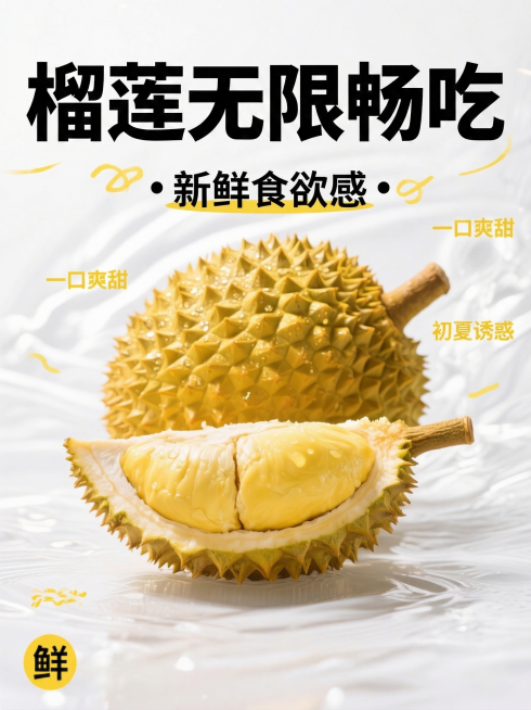 基于原图，去除多余文字，只保留榴莲主体图像，将标题修改为“榴莲无限畅吃”，保持整体原有的清新商业海报风格、构图和配色不变预览效果