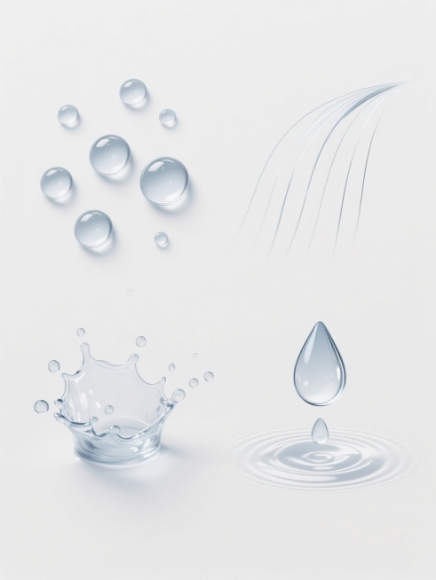 一组四个完全不同造型的雨水元素系列素材集合，每个元素均保持透明水滴的写实质感，带有高光反射和细微阴影，采用纯白色纯色背景，整体呈现简约现代的设计感。第一个元素为大小不一、自然散落的圆形雨滴；第二个元素为细长条状、略带弯曲的雨丝；第三个元素为水花溅起形成的不规则水珠组合；第四个元素为雨滴坠落形成的半透明水波纹。四个元素规整排布，每个元素独立成组，保持一致的视觉风格和透明质感，整体画面干净利落，信……预览效果