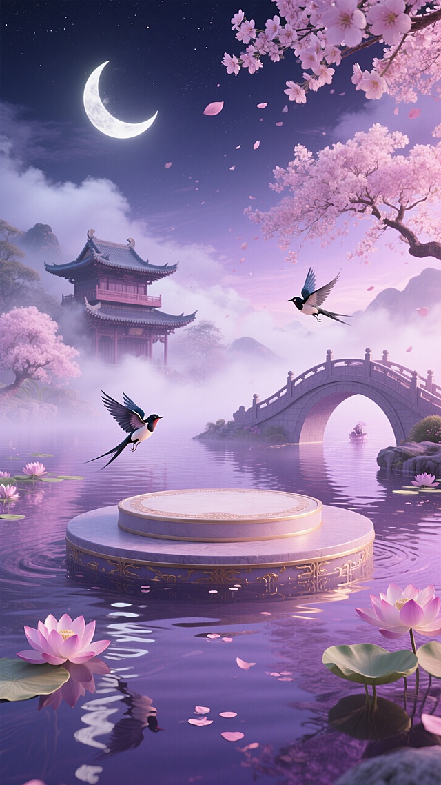 梦幻国风仙境，粉紫调水面上立圆形展示台，拱桥边两只喜鹊飞舞相伴，莲花漂浮，弯月悬空，楼阁隐于云雾，樱花树盛放 。