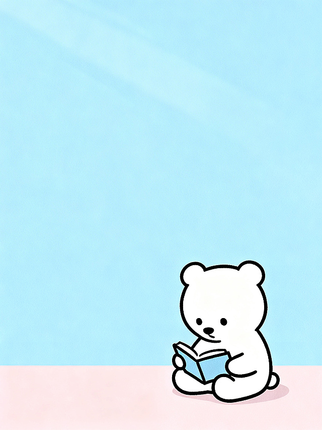 背景图分为上下两部分，上半部分是浅蓝色，下半部分是浅粉色，把一个简约风格正在学习的小熊放置在图片右下角位置，不要太夸张幼稚，整体风格清新简约