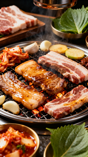 重新生成韩式烤肉海报，烤盘上铺满不同部位的优质烤肉，肉片烤至金黄滋滋冒油，搭配丰富韩餐配菜和炭火氛围更有烟火气，暖光打在肉上更显诱人食欲，4K高清美食摄影预览效果